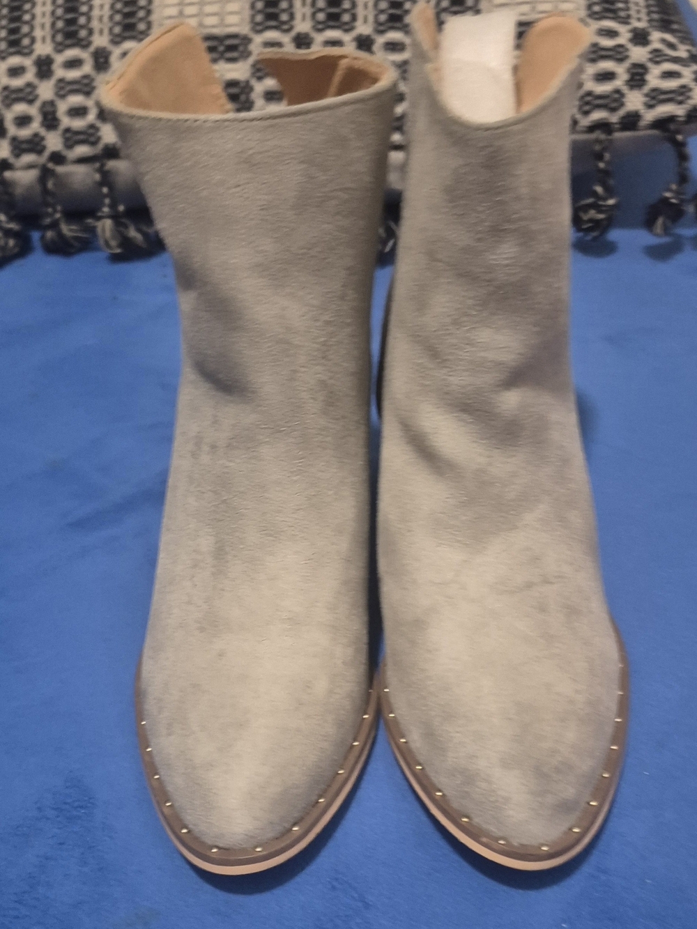 Gray Suede Women's Ankle Boots - Sleek Stud-Trim Design